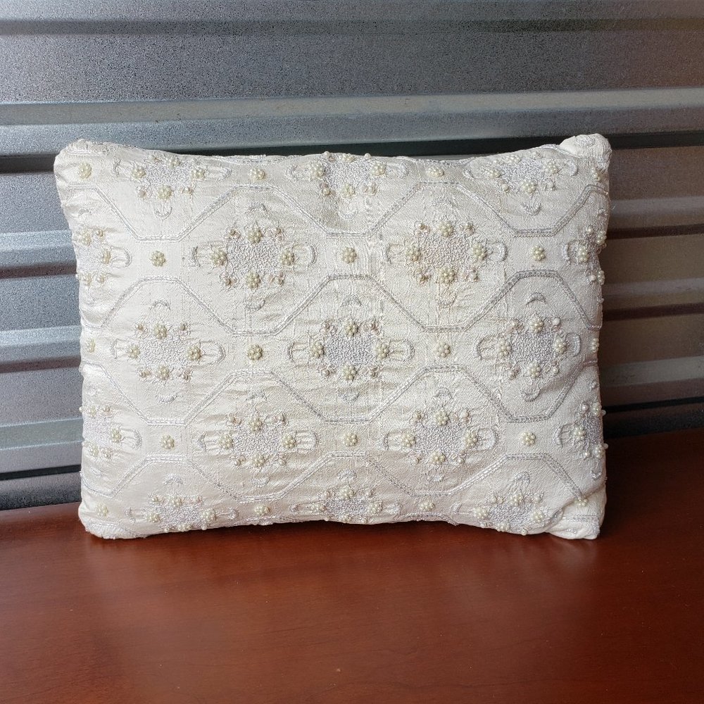 White Beaded Embroidered Decorative Pillow EUC